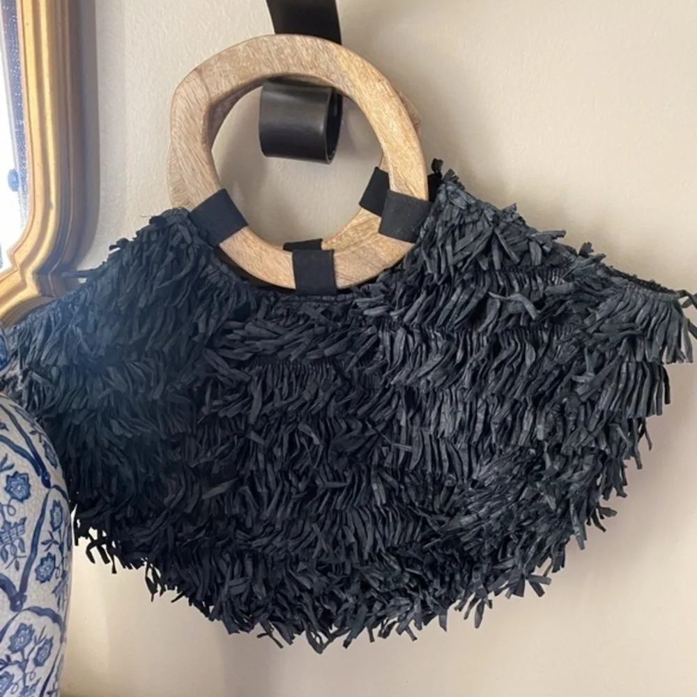 Anthropologie Black Raffia Wooden Handle Tote Bag
